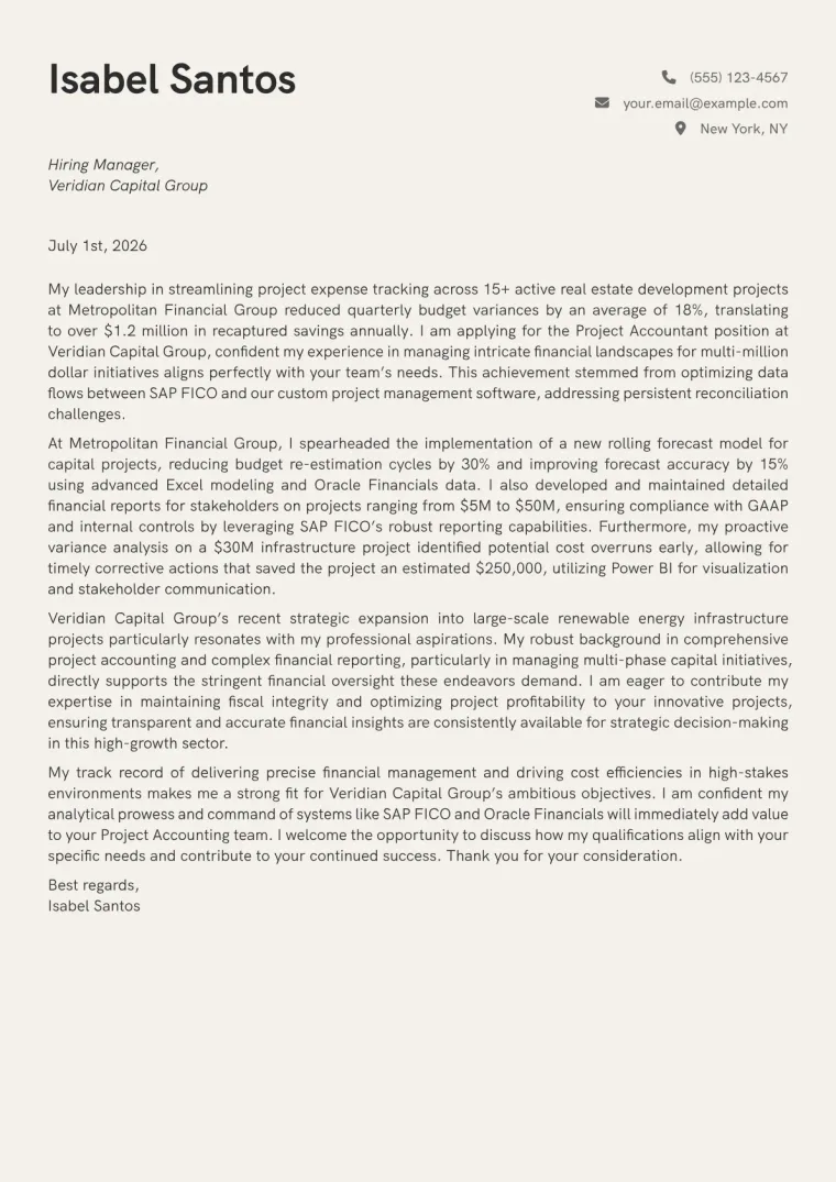 Project Accountant cover letter example preview