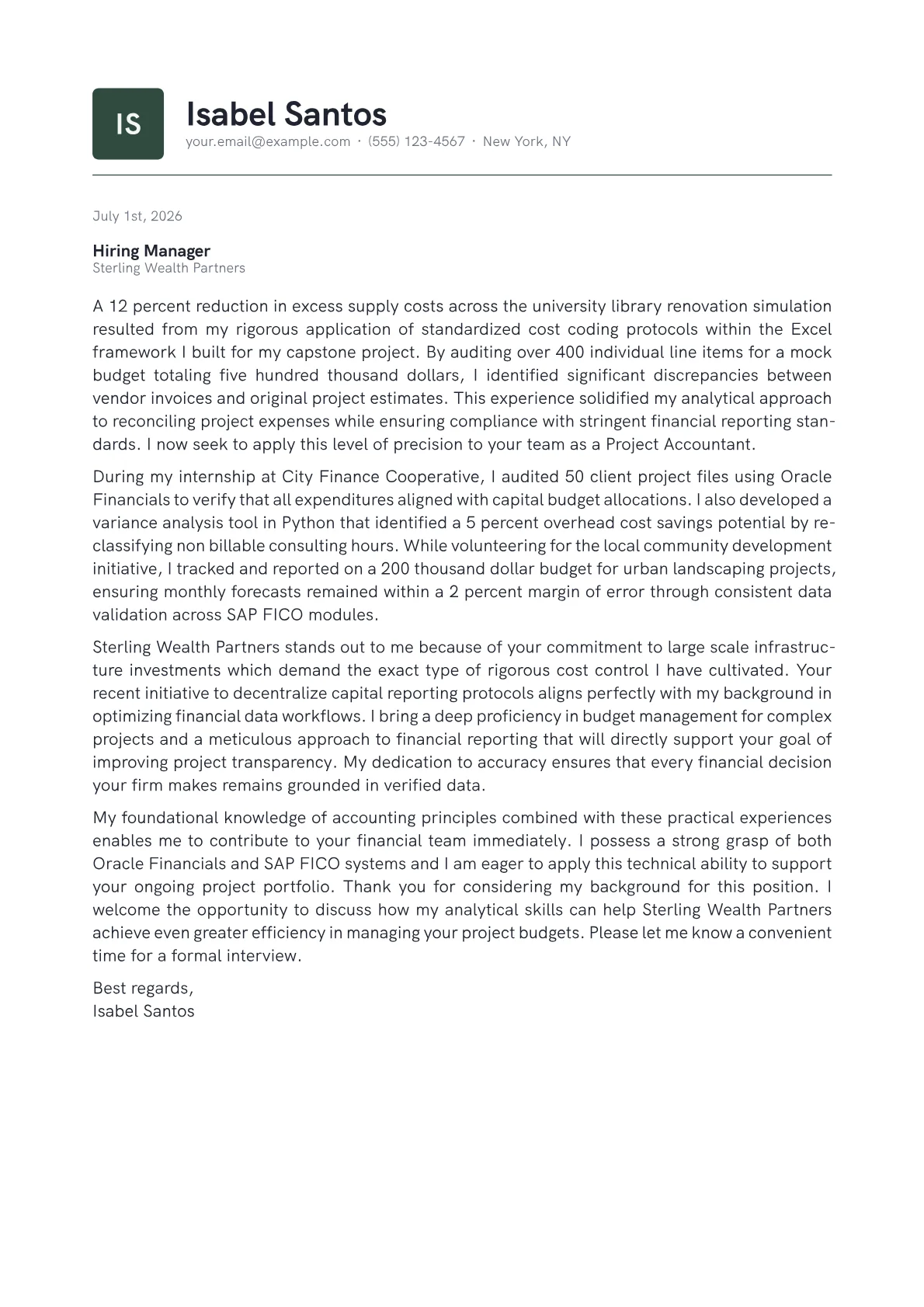 Project Accountant cover letter in the Emblem design