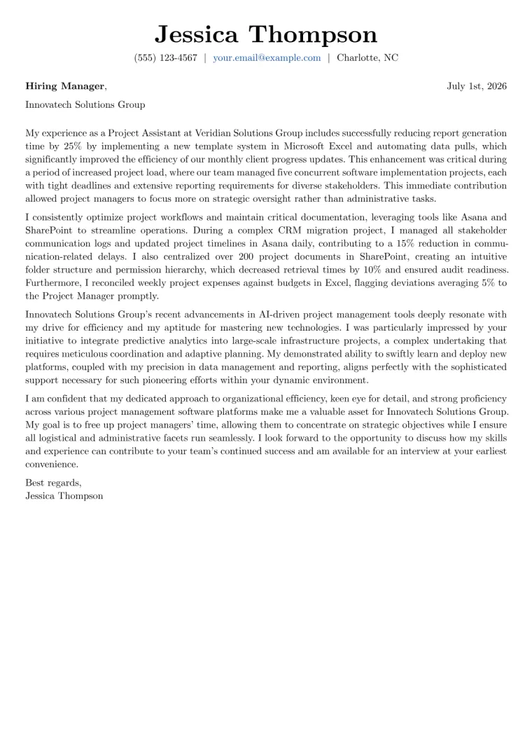 Project Assistant Cover Letter Example