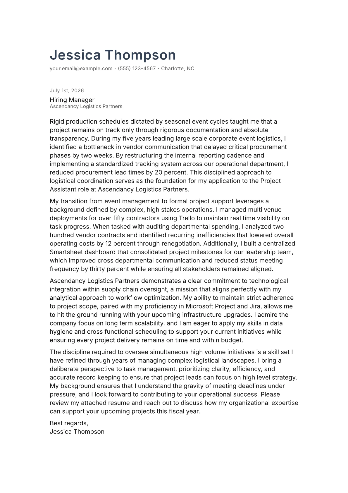 Project Assistant cover letter in the Minimal design
