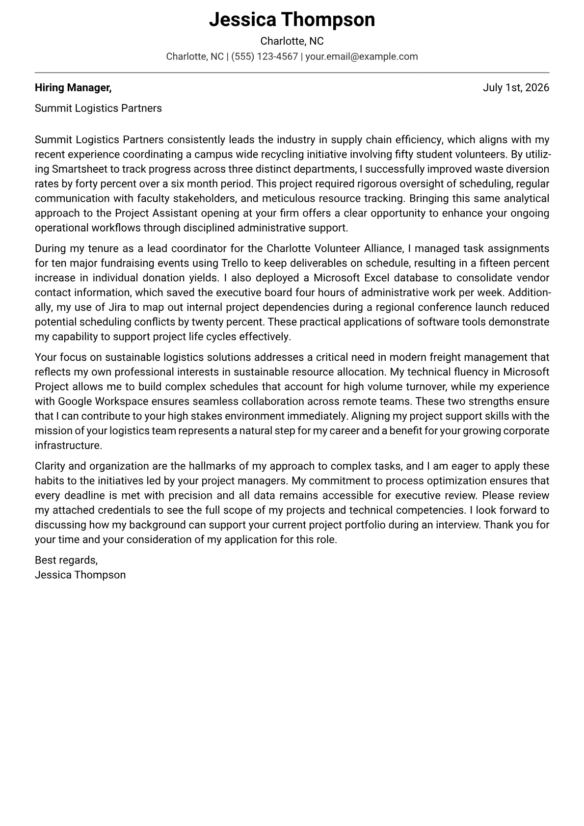 Project Assistant cover letter in the Modern design