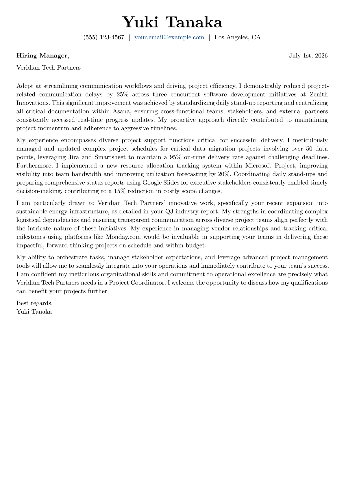 Project Coordinator cover letter formatted with a JobSprout template