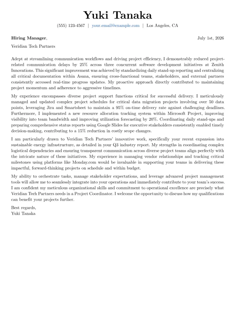 Project Coordinator Cover Letter Example
