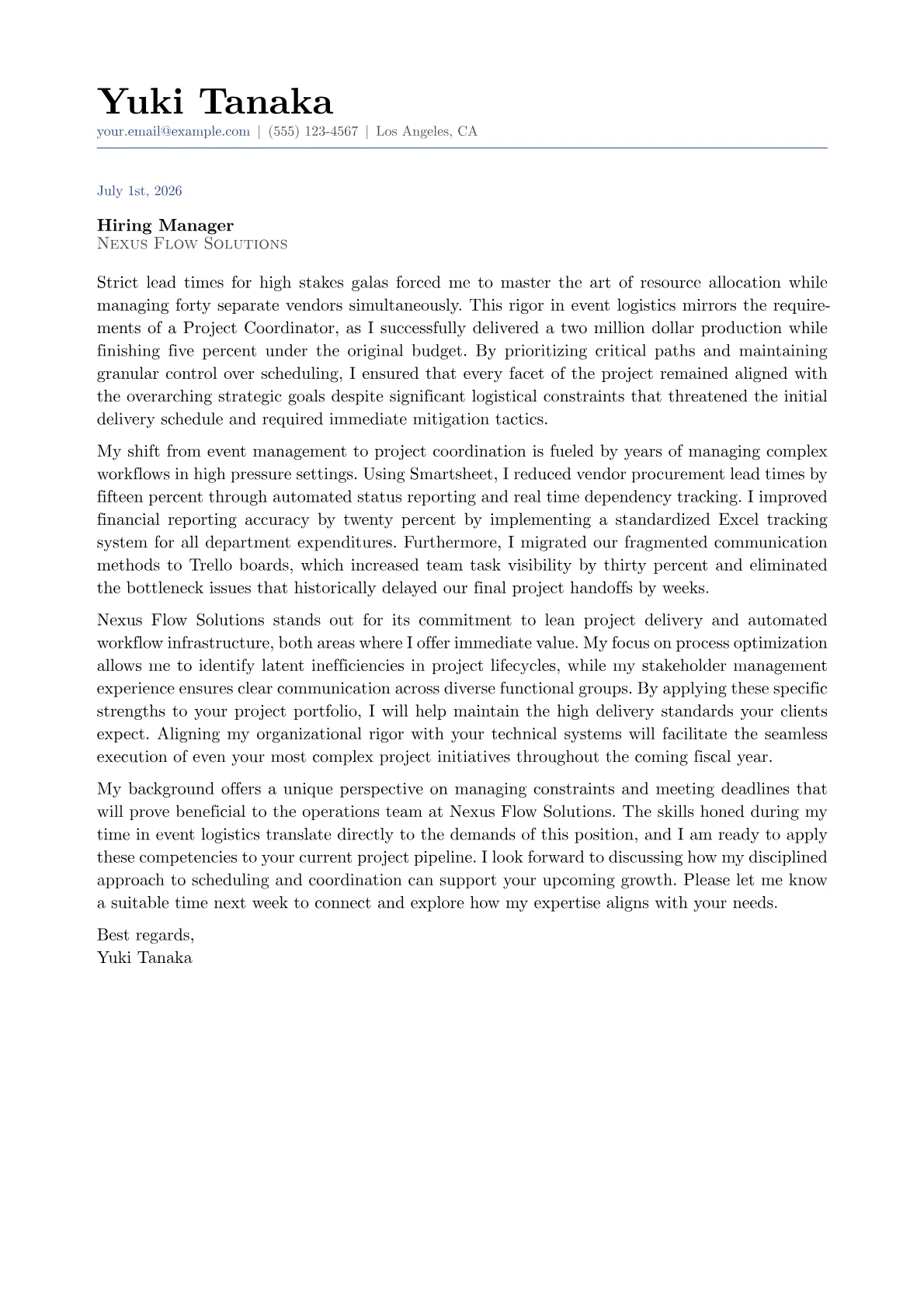 Project Coordinator cover letter in the Classic design