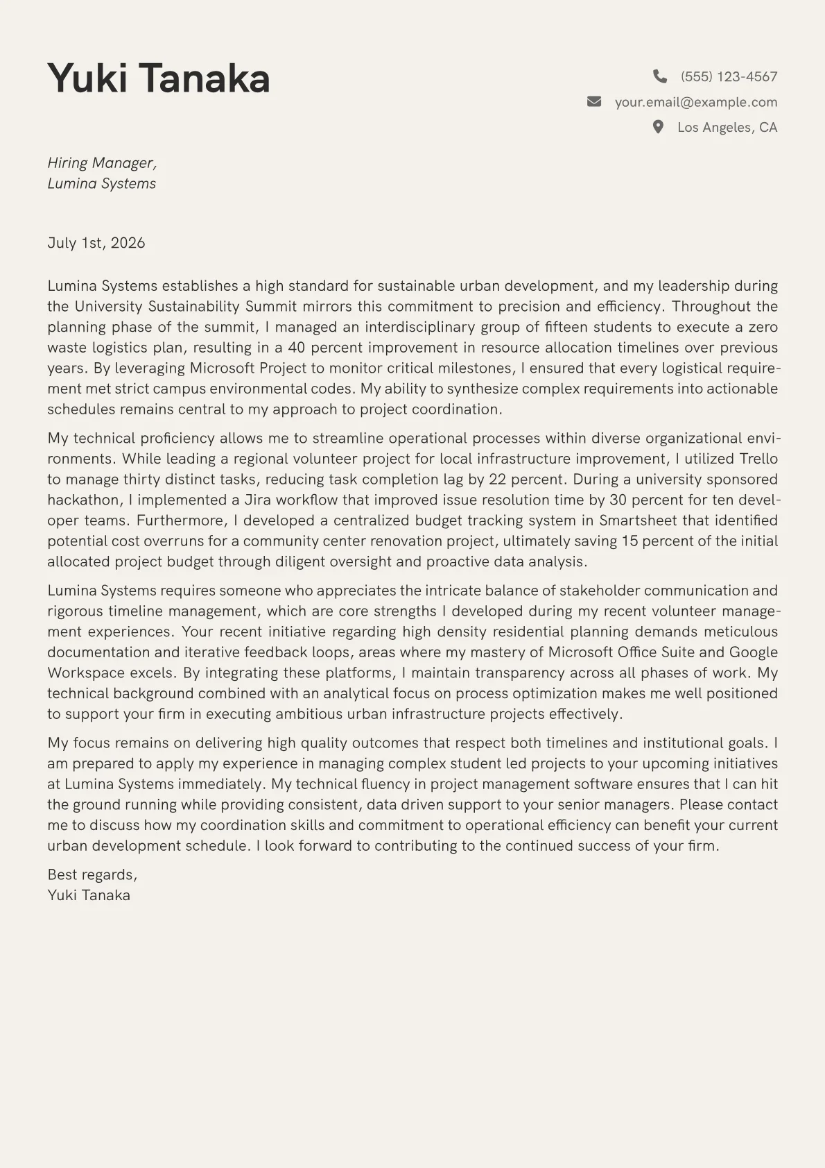 Project Coordinator cover letter in the Creative design