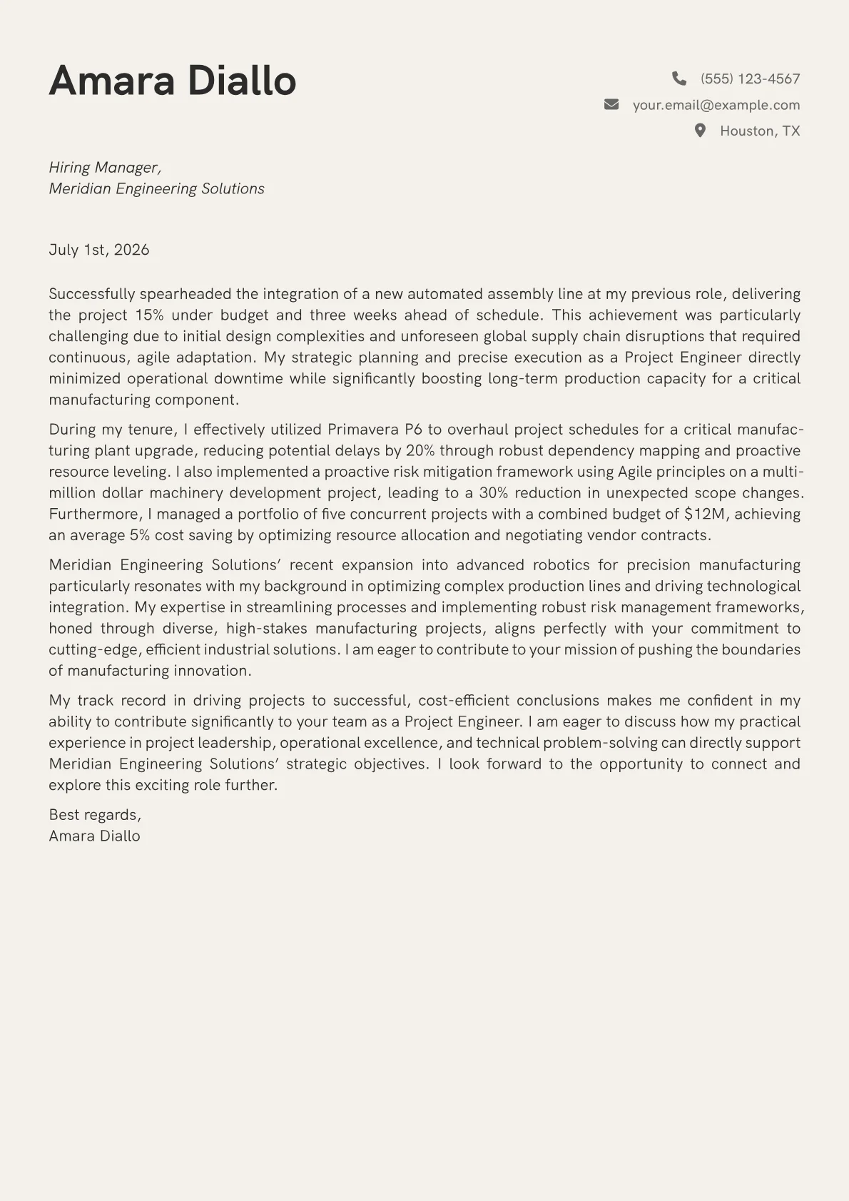 Project Engineer cover letter formatted with a JobSprout template