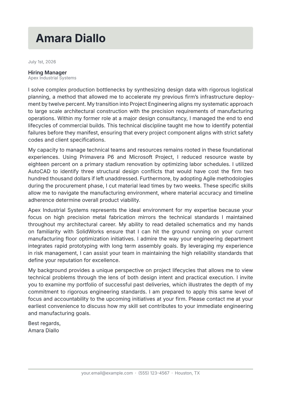 Project Engineer cover letter in the Letterhead design