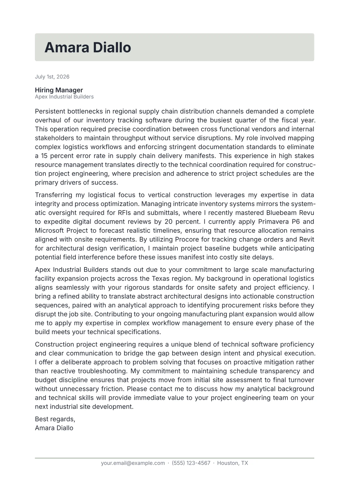 Construction Project Engineer cover letter in the Letterhead design