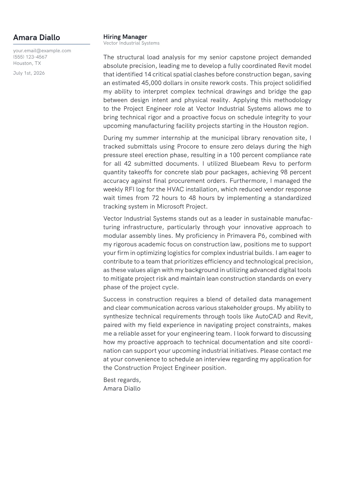 Construction Project Engineer cover letter in the Margin design