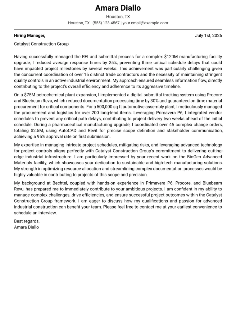 Construction Project Engineer cover letter example preview