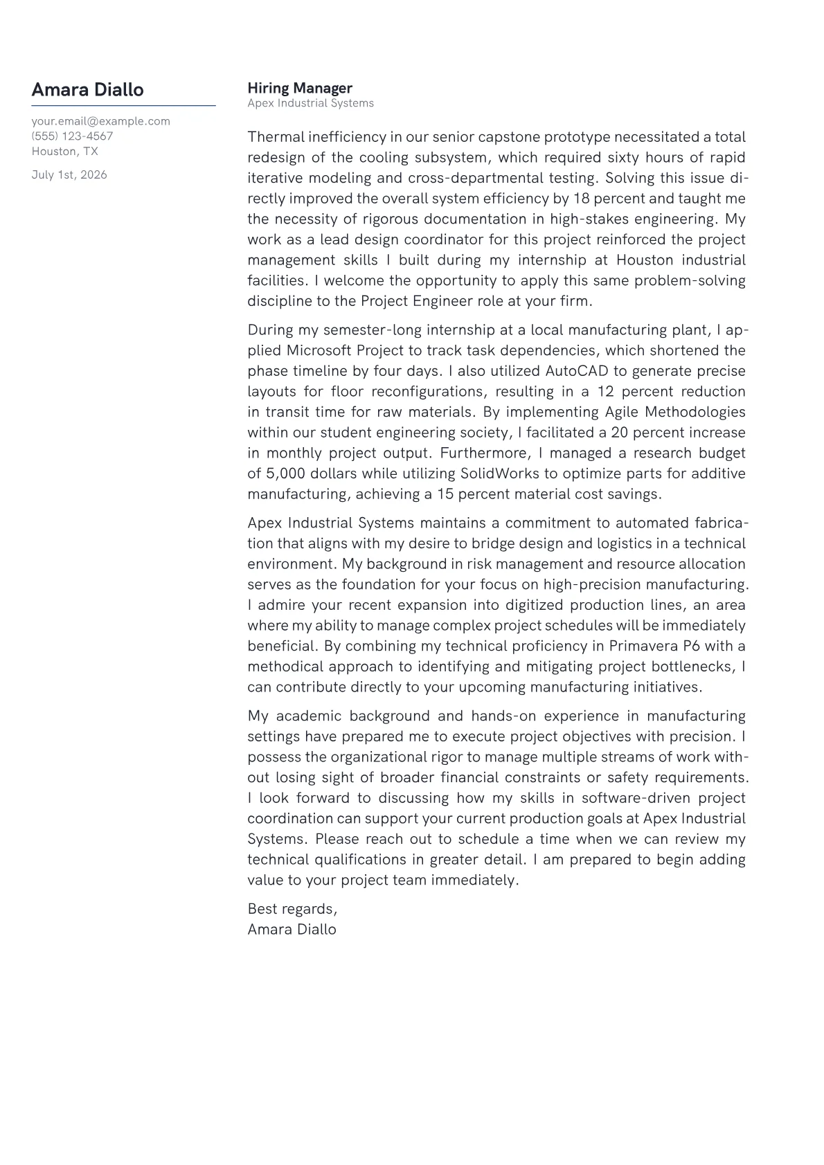 Project Engineer cover letter in the Margin design