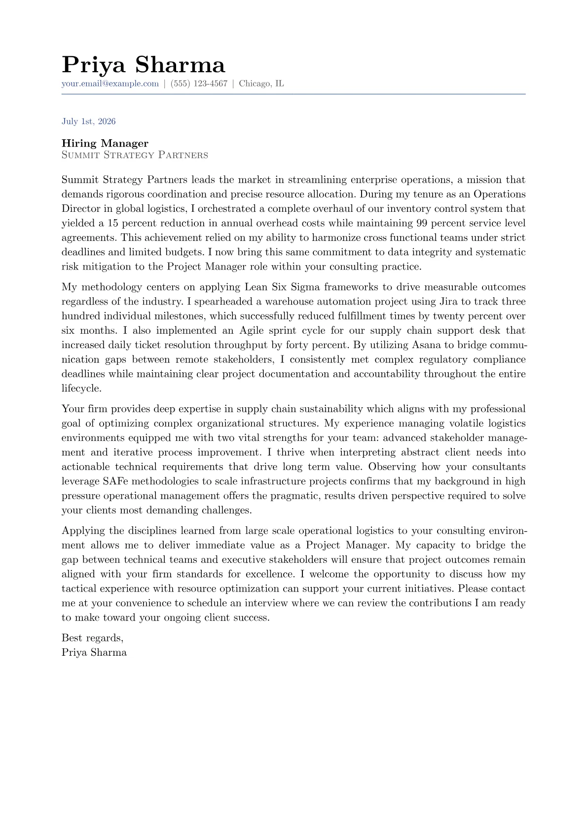 Project Manager cover letter in the Classic design