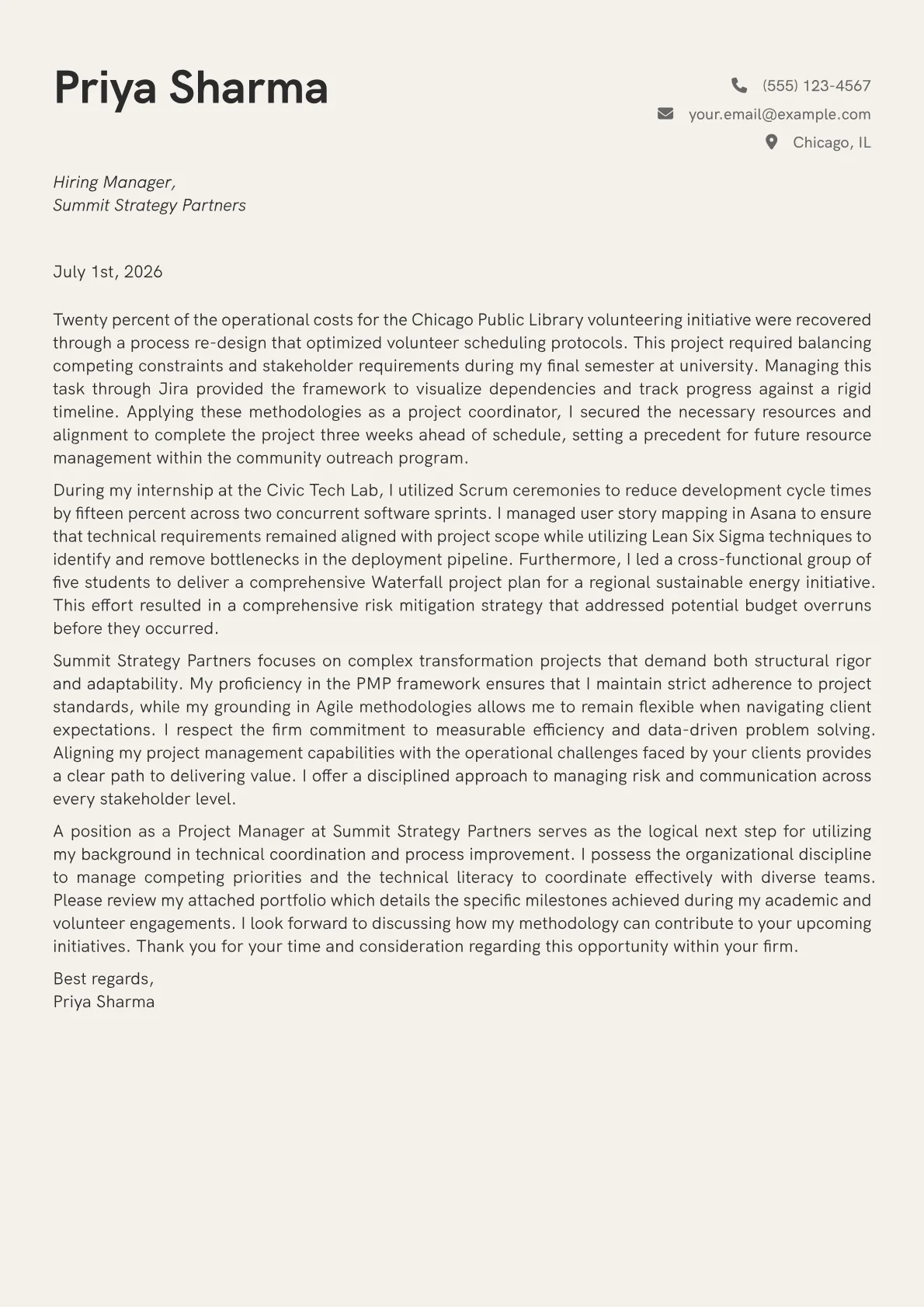 Project Manager cover letter in the Creative design