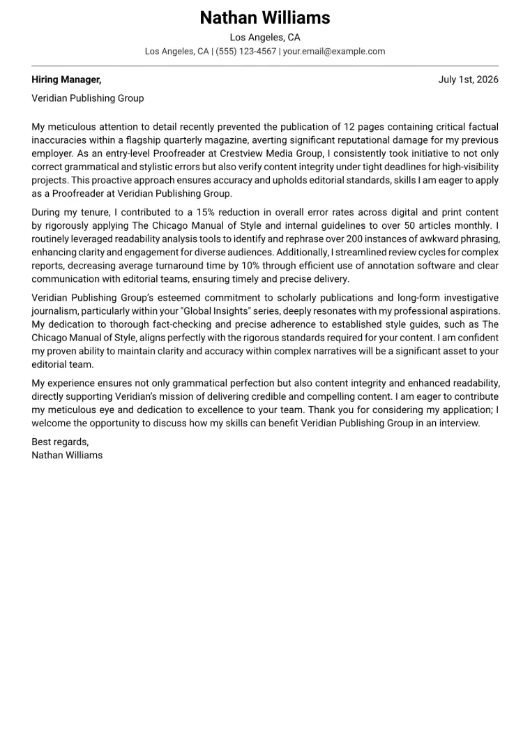 Proofreader cover letter example