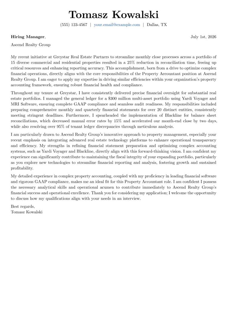 Property Accountant cover letter example preview