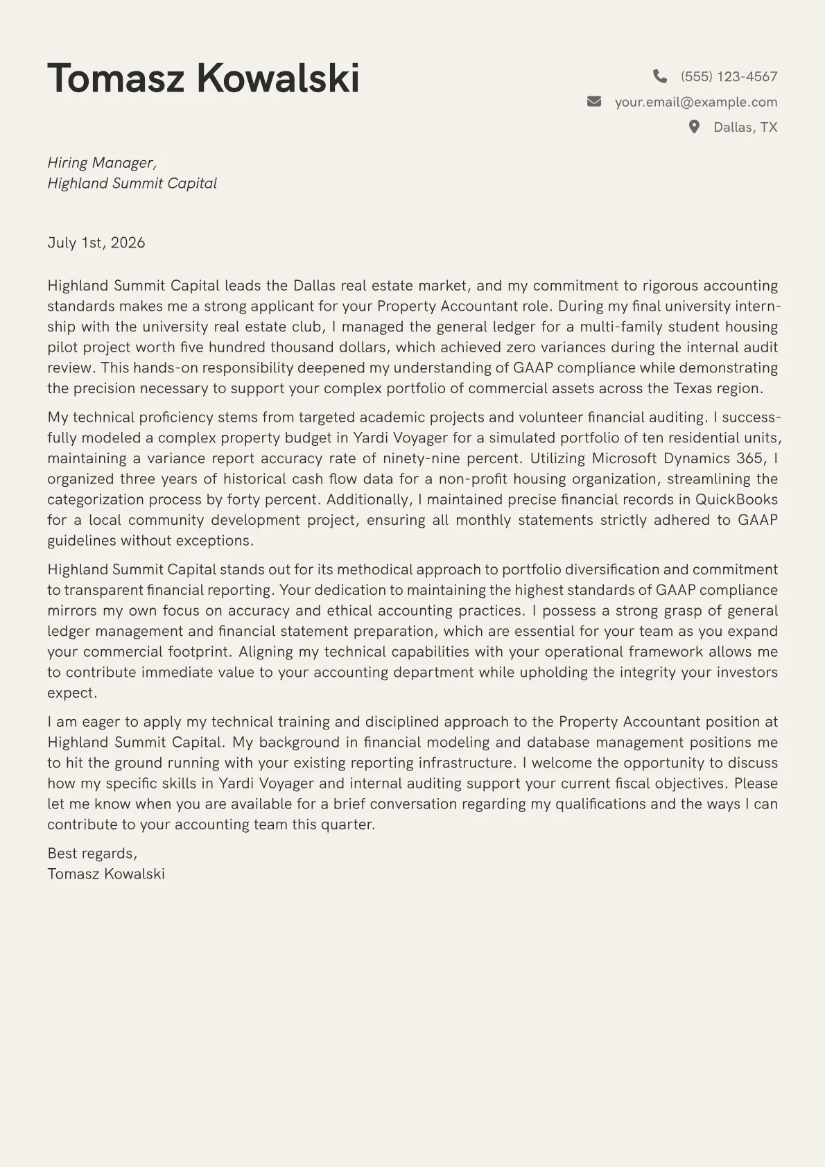 Property Accountant cover letter in the Creative design
