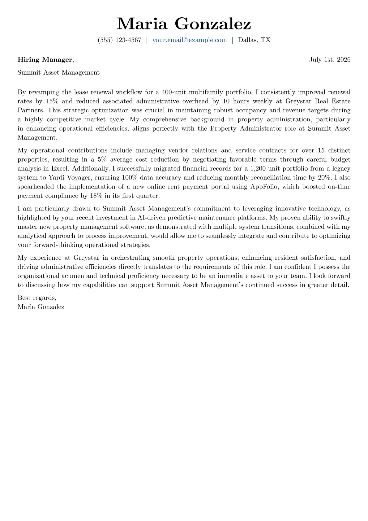 Property Administrator cover letter formatted with a JobSprout template
