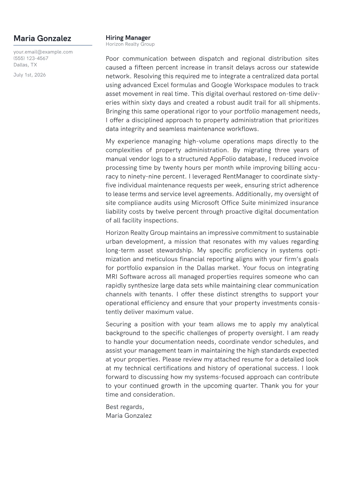 Property Administrator cover letter in the Margin design