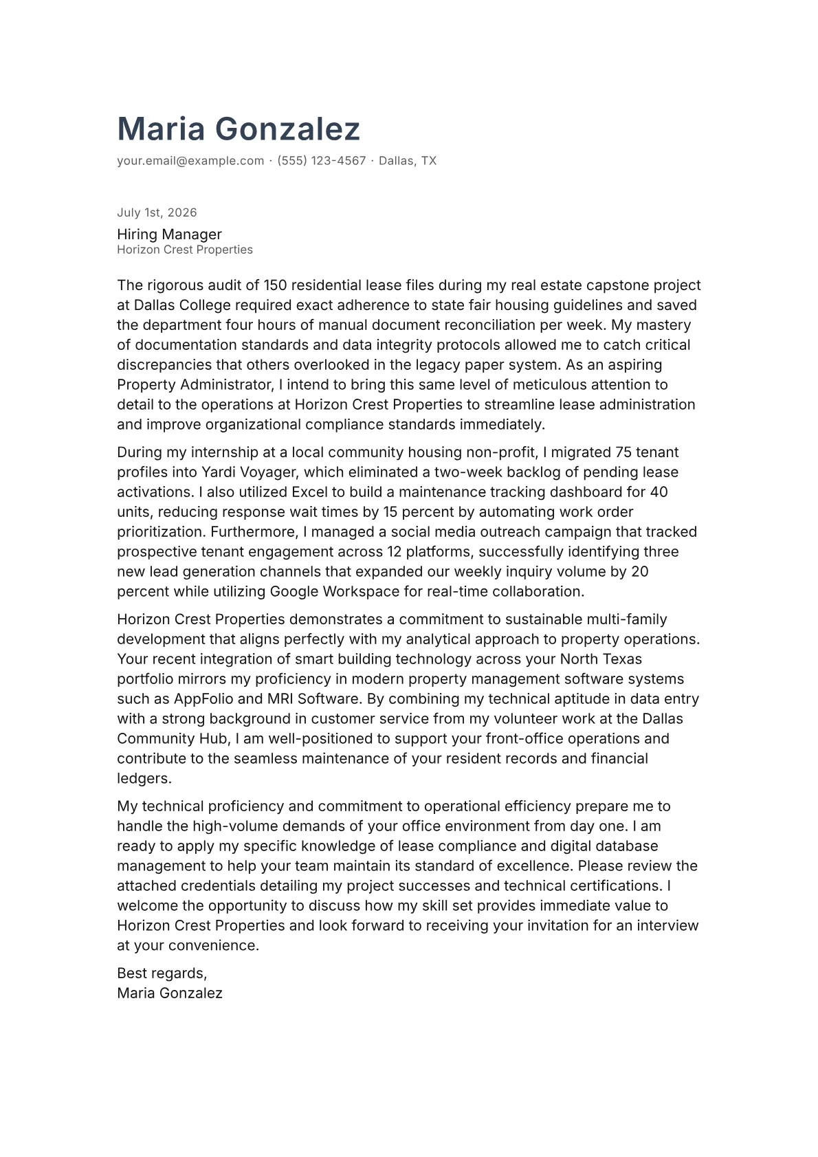 Property Administrator cover letter in the Minimal design