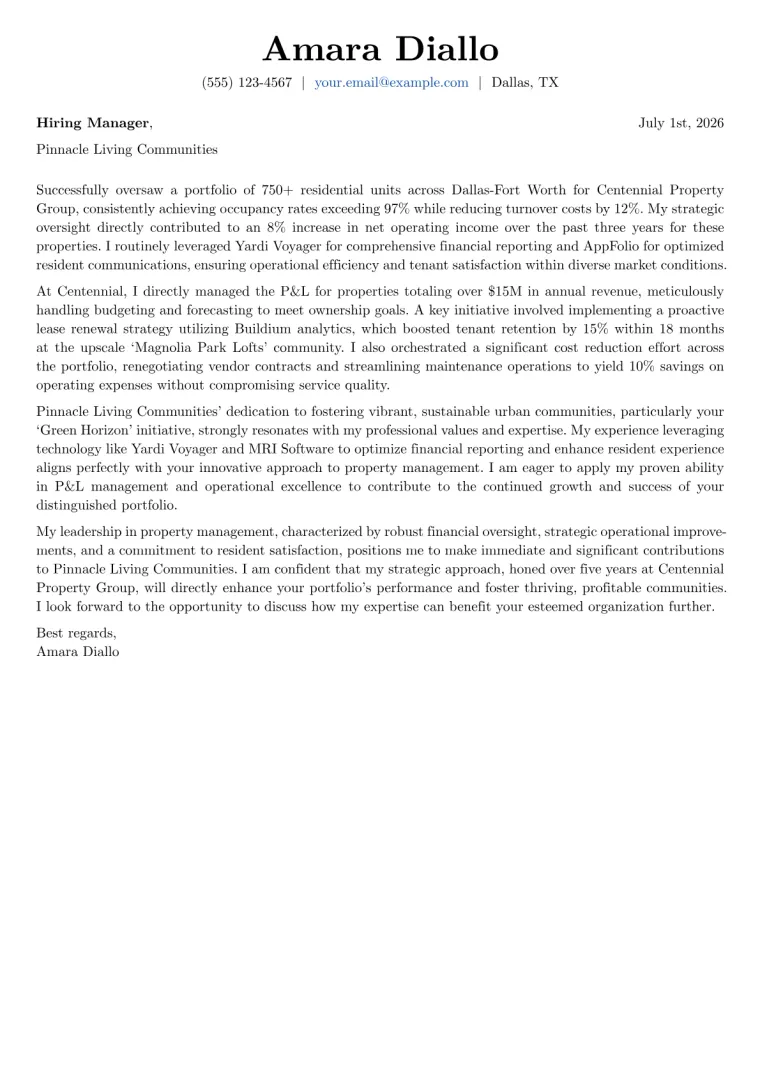 Property Management cover letter example preview