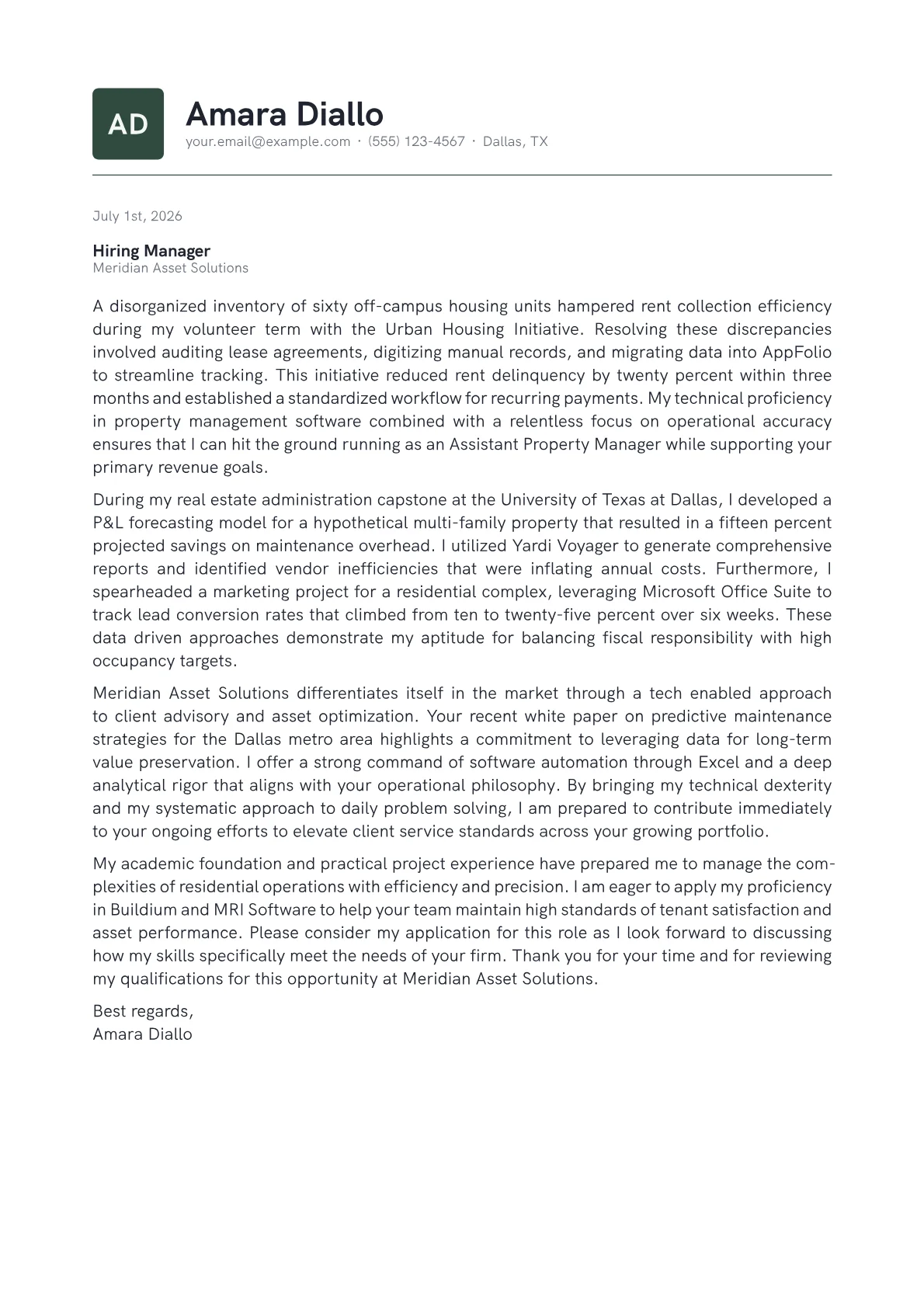 Property Management cover letter in the Emblem design