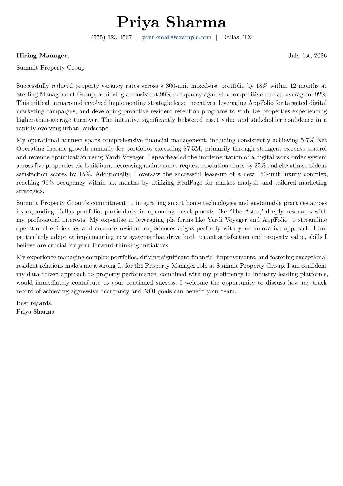 Property Manager cover letter formatted with a JobSprout template