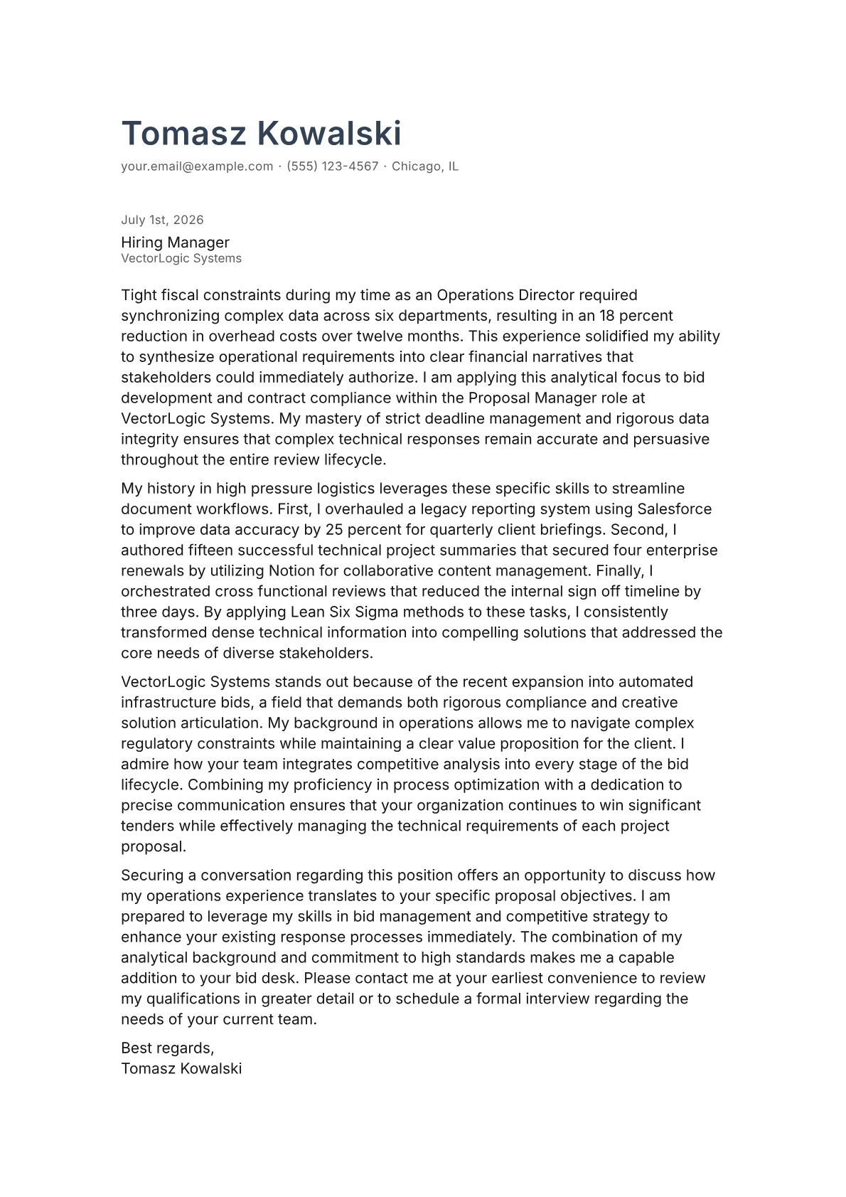 Proposal Manager cover letter in the Minimal design