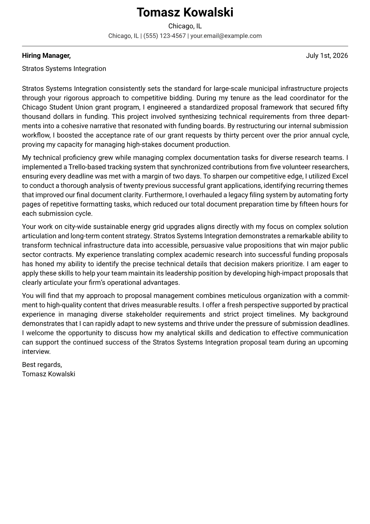 Proposal Manager cover letter in the Modern design