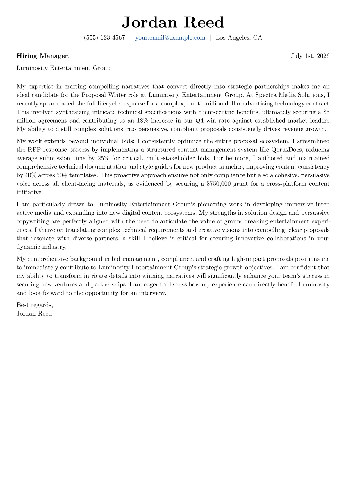 Proposal Writer cover letter formatted with a JobSprout template