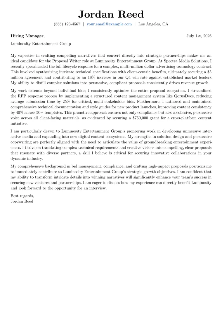 Proposal Writer cover letter example preview