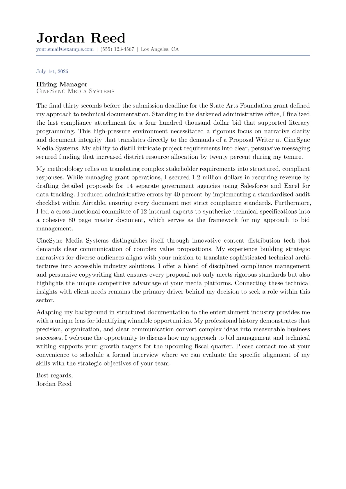 Proposal Writer cover letter in the Classic design