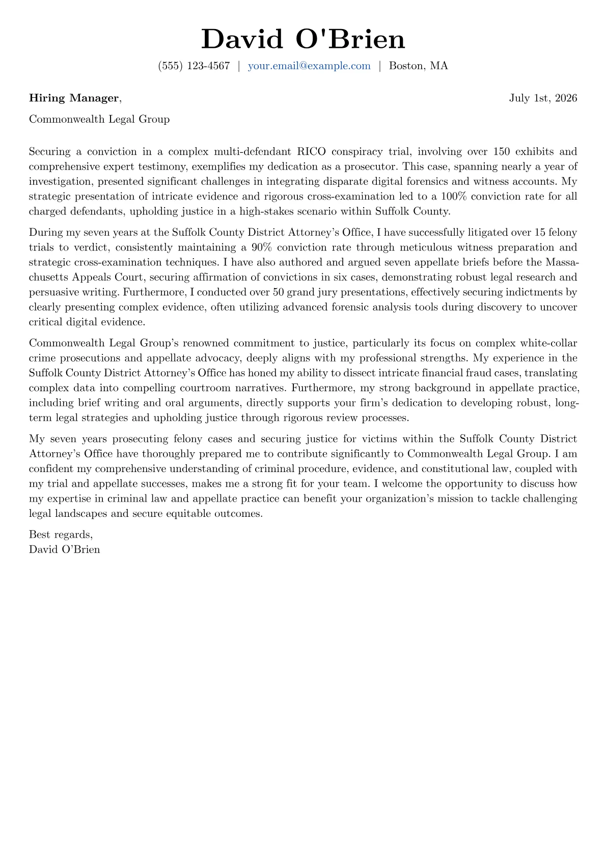 Prosecutor cover letter formatted with a JobSprout template