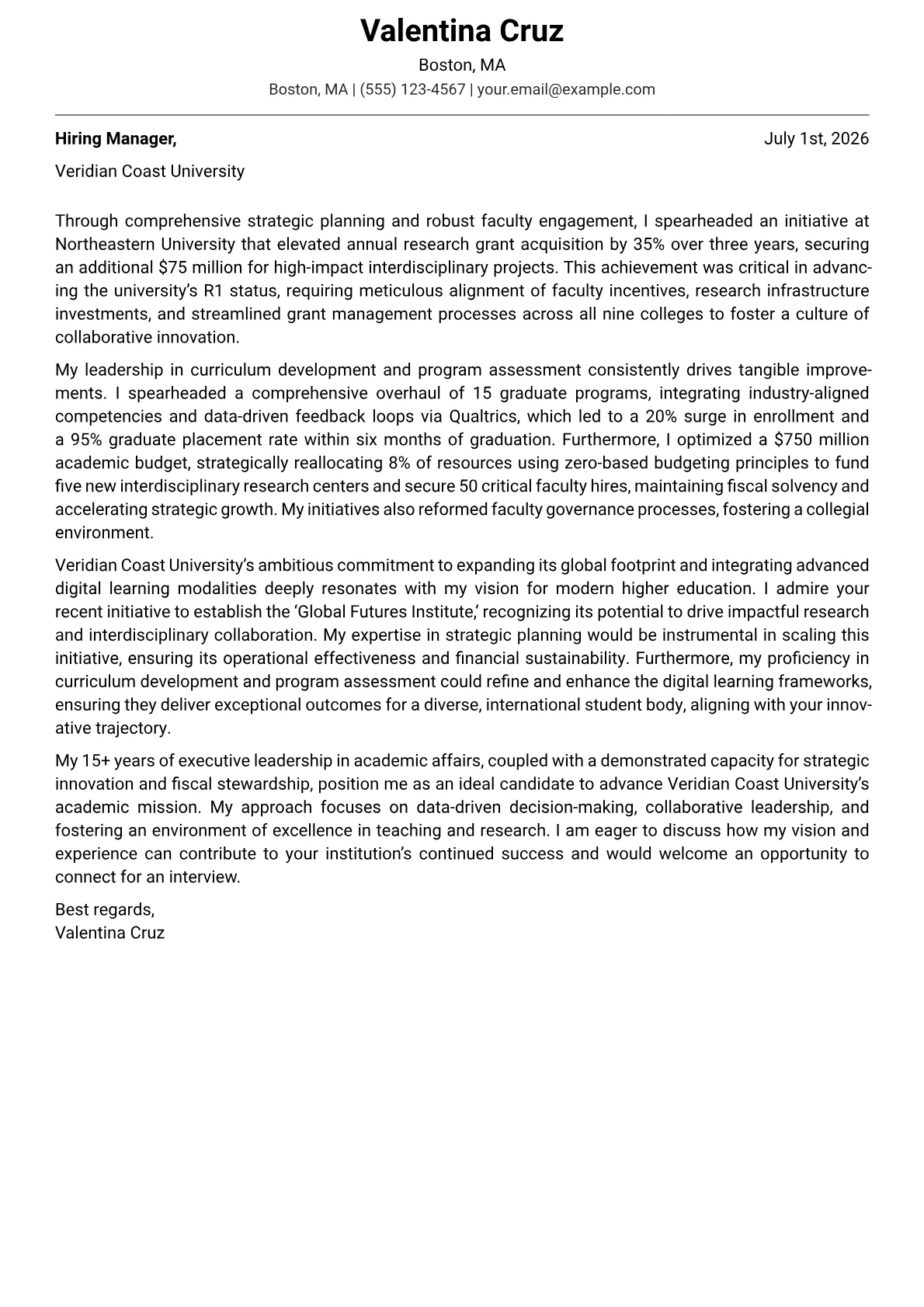 Provost cover letter formatted with a JobSprout template
