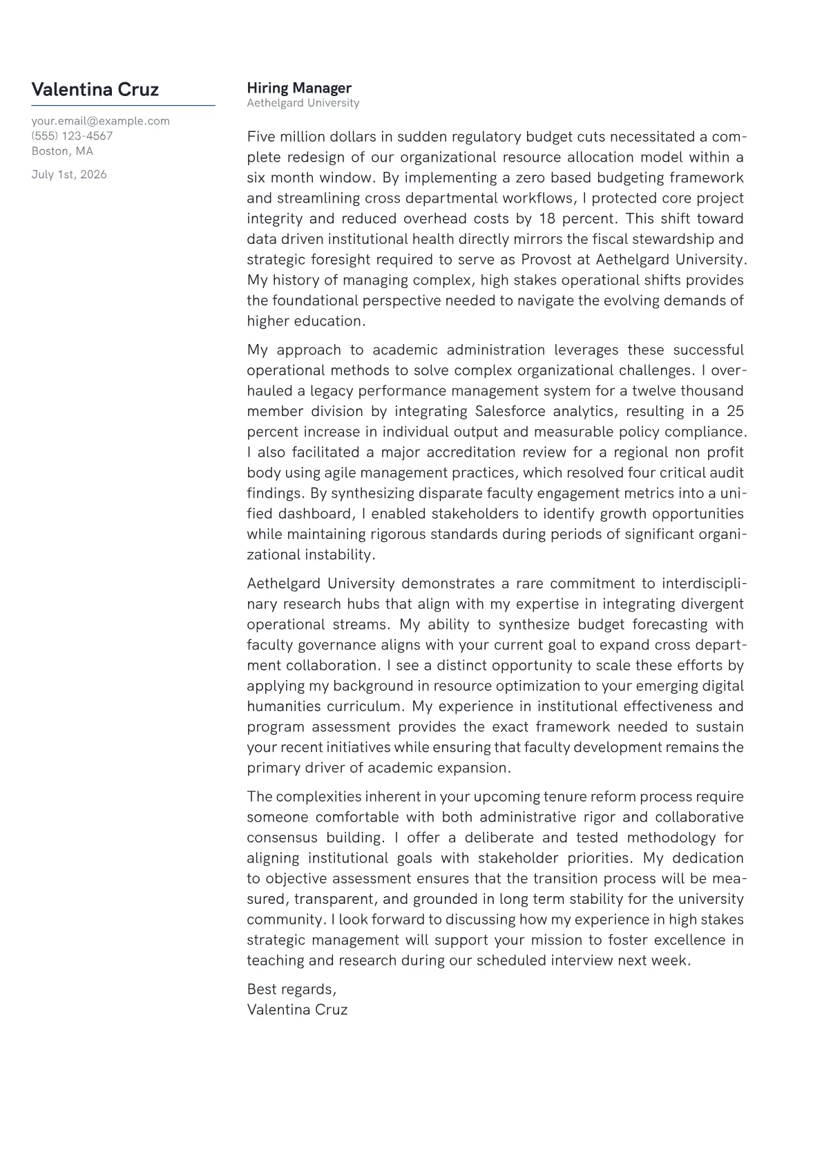 Provost cover letter in the Margin design