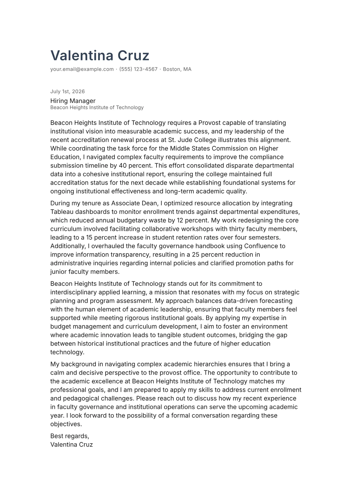 Provost cover letter in the Minimal design