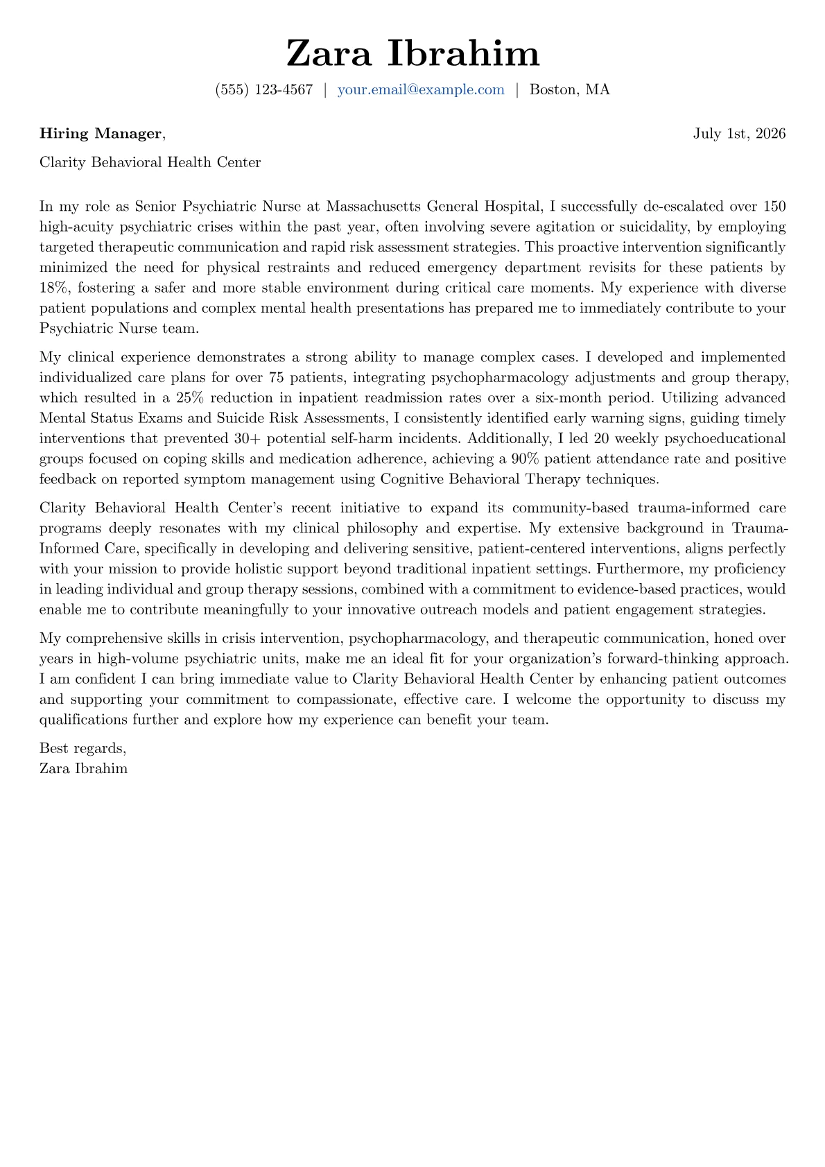 Psychiatric Nurse cover letter formatted with a JobSprout template