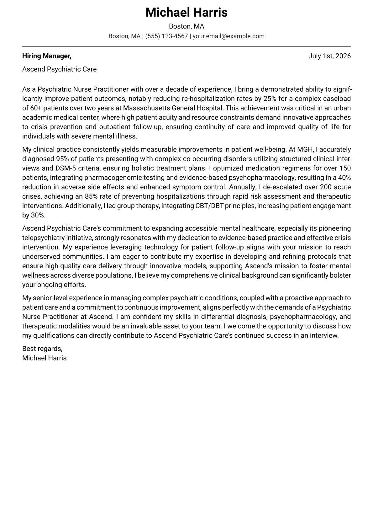 Psychiatric Nurse Practitioner cover letter formatted with a JobSprout template