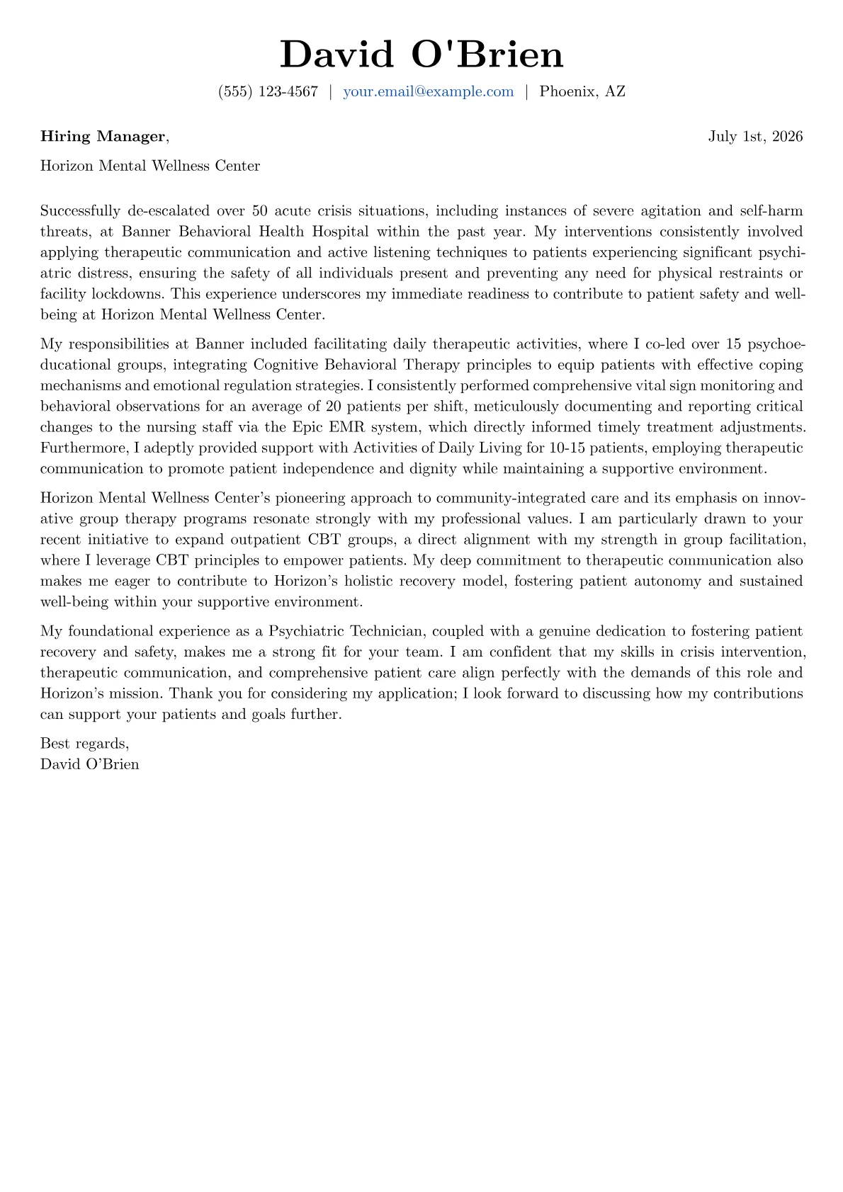 Psychiatric Technician cover letter formatted with a JobSprout template