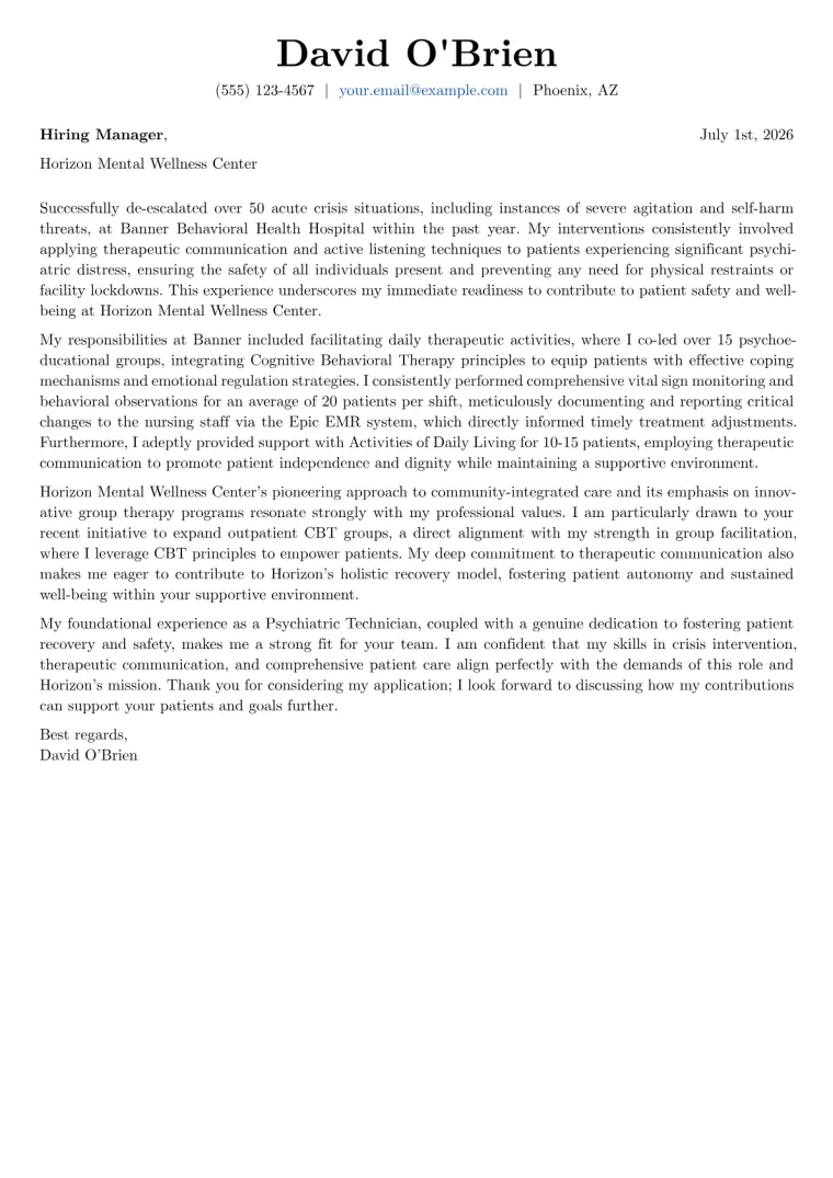 Psychiatric Technician cover letter example preview