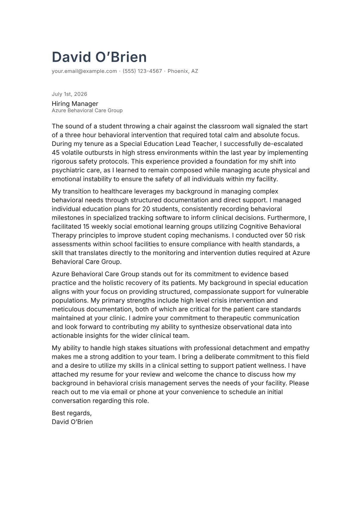 Psychiatric Technician cover letter in the Minimal design