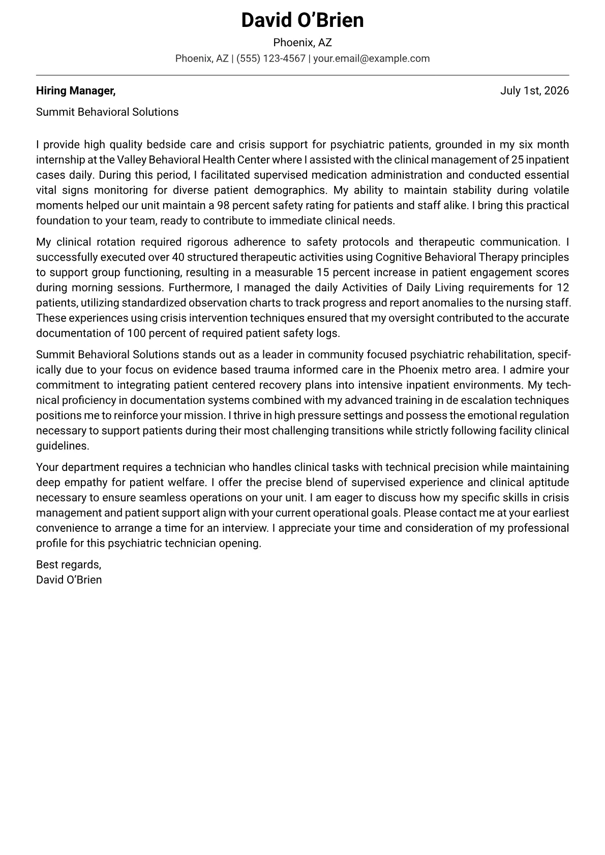 Psychiatric Technician cover letter in the Modern design
