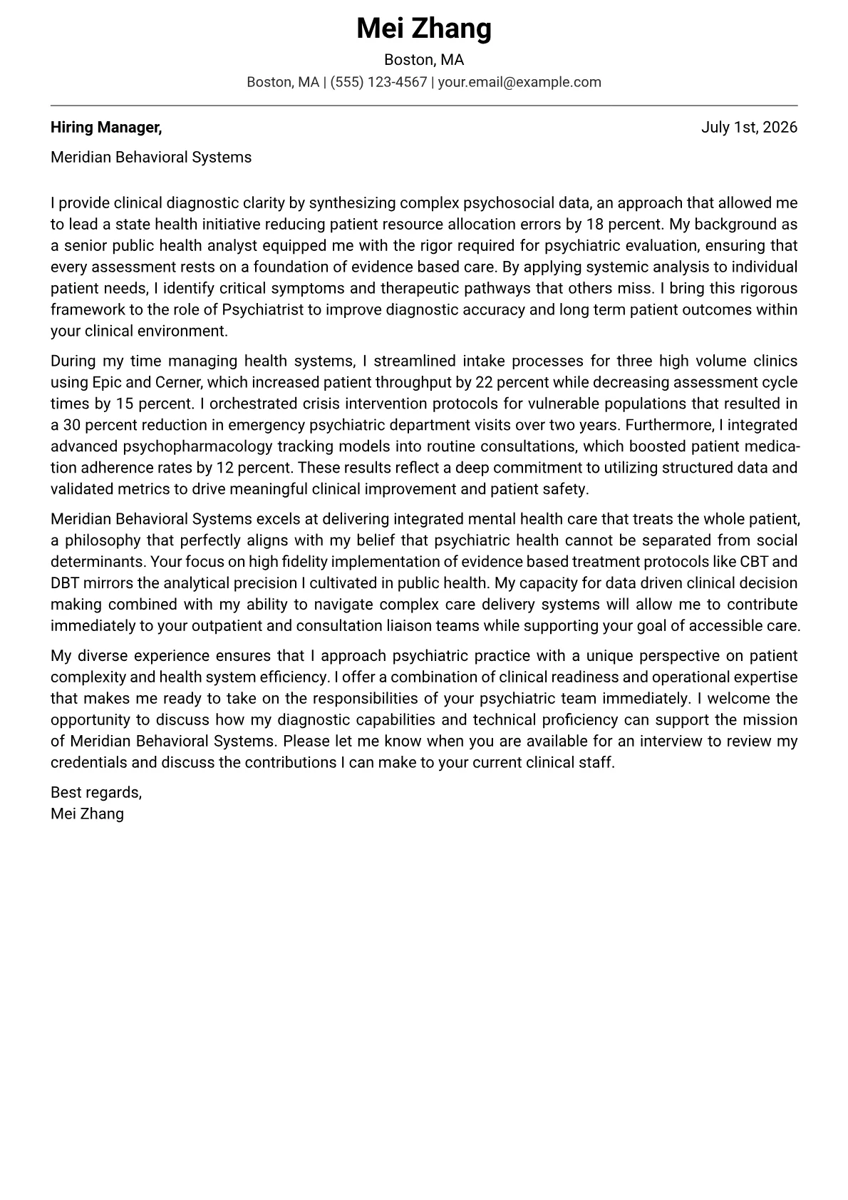 Psychiatrist cover letter in the Modern design