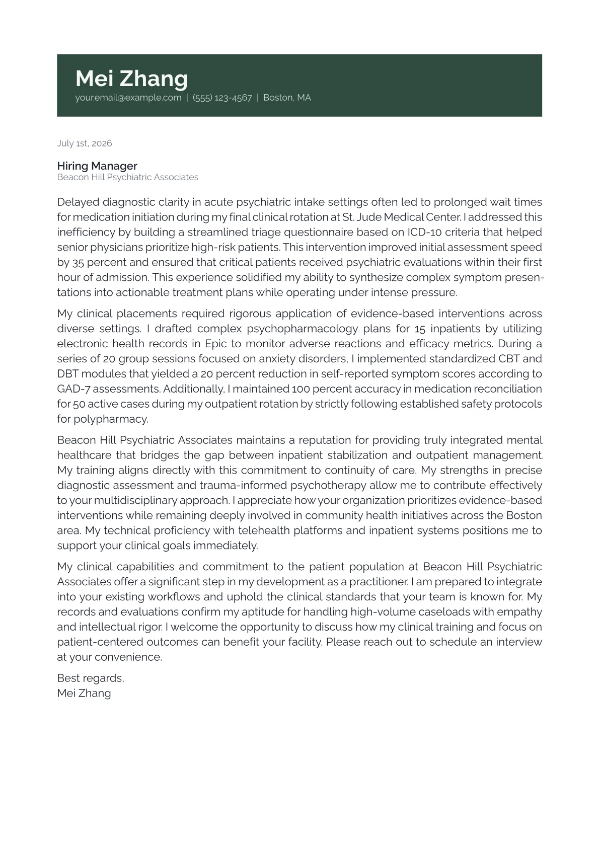 Psychiatrist cover letter in the Banner design