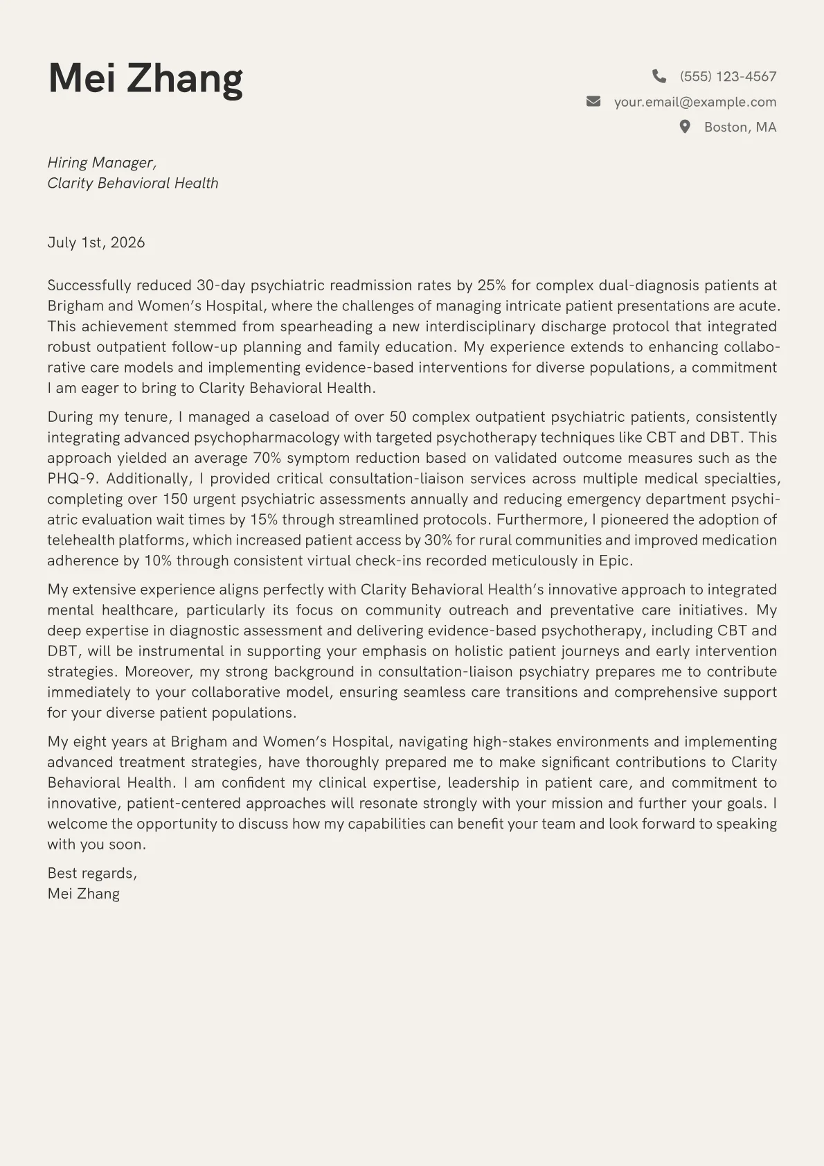 Psychiatrist cover letter formatted with a JobSprout template