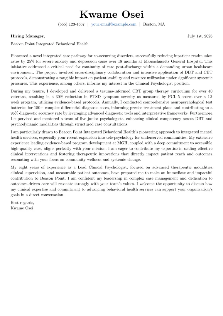 Psychologist Cover Letter Example