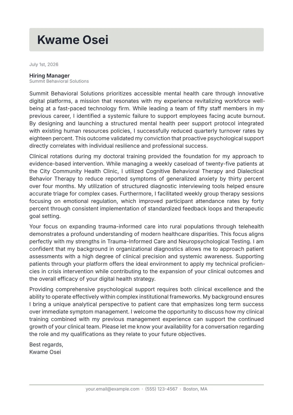 Psychologist cover letter in the Letterhead design