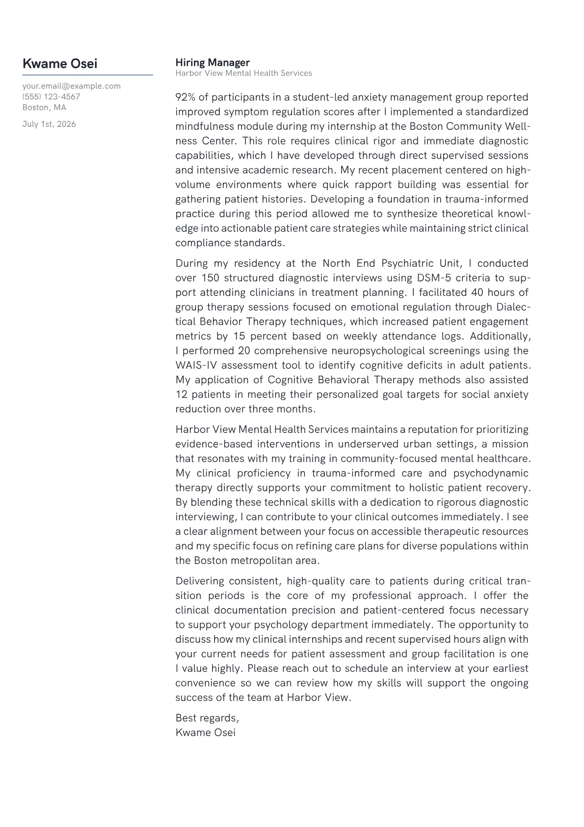 Psychologist cover letter in the Margin design