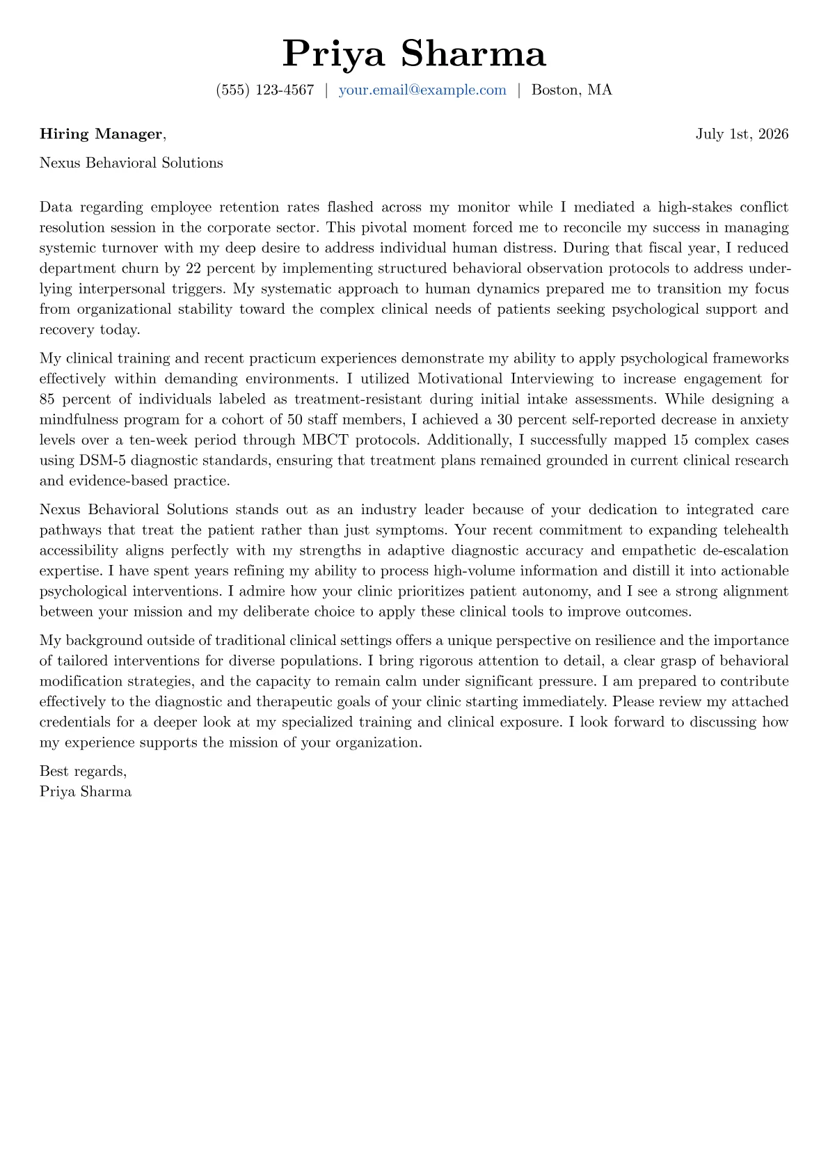Psychology cover letter in the Basic design