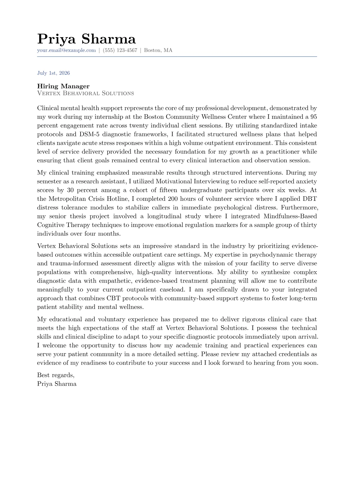 Psychology cover letter in the Classic design