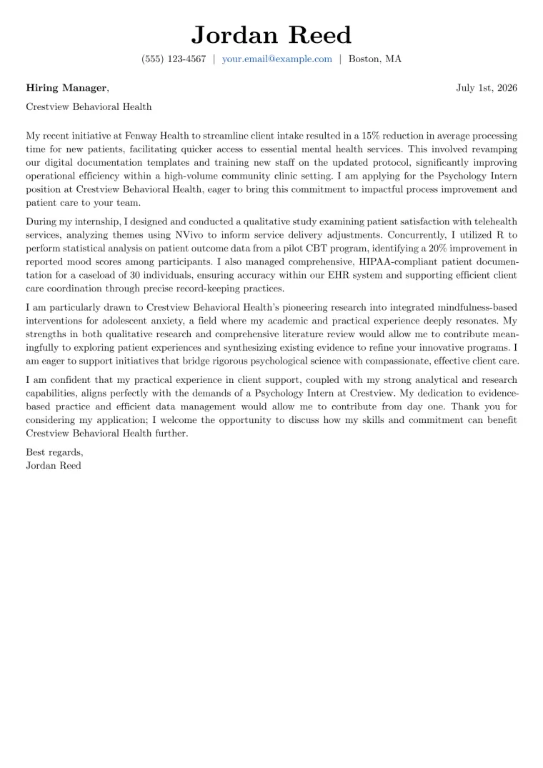 Psychology Intern Cover Letter Example